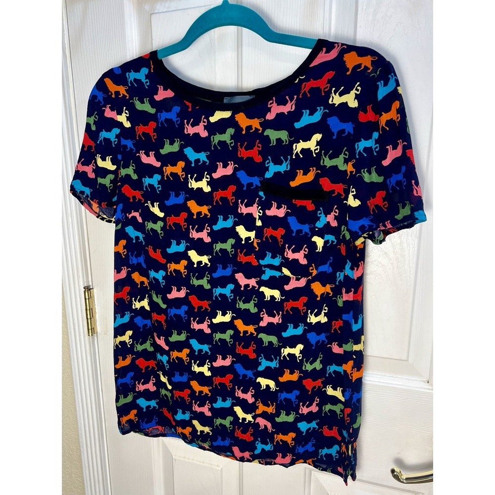 Maeve Anthropologie Dark Blue Horse Lion Print Short Sleeve Top Size 6 Novelty